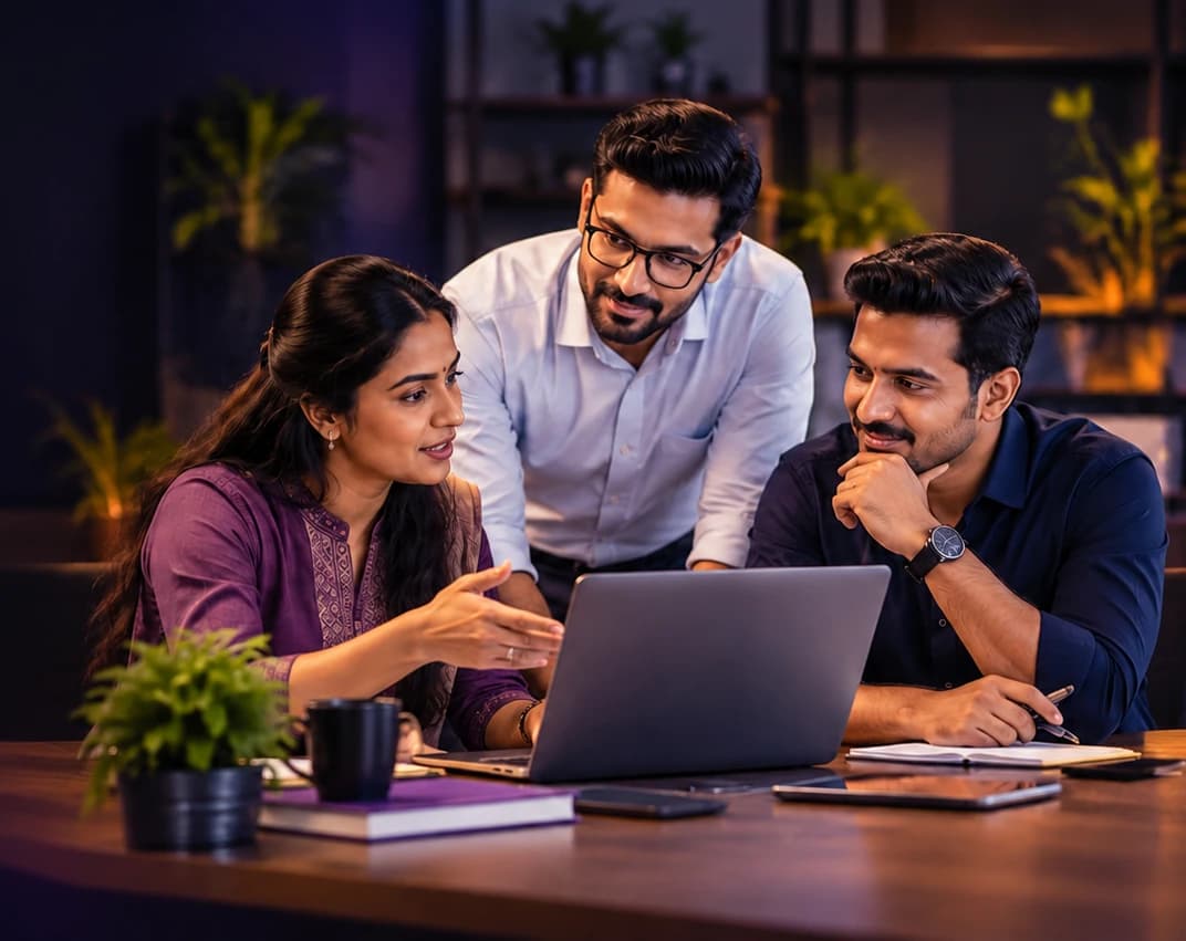 Three business professionals gathered around a laptop, talking through a workflow on the screen